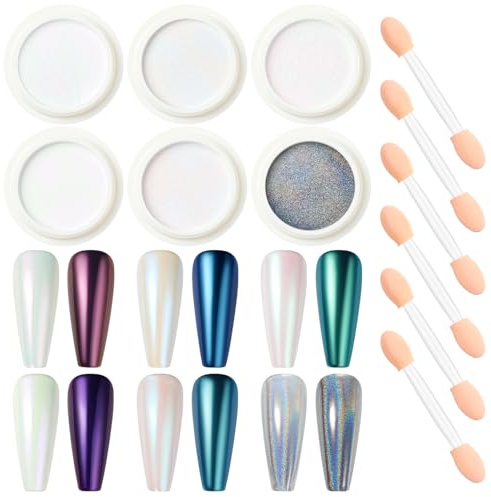 Nicedeco Aurora Nail Powder for Gel Nails, 6 Colors Pearlescent Mermaid Mirror Effect Glitter Manicure Pigment for Nail Art Design