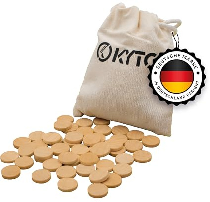 Kyto Bingo Holz Chips - 150 Scheiben aus Holz für Bingospiel-Karten 14/3 mm. Holzsteine, Zählsteine, Marker oder sonstige Spielsteine, mit Stoffbeutel