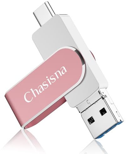 Chasisna Chiavetta USB da 256 GB 3 in 1 per i Phone Con USB, iOS e connettore TypeC, compatibile Con i Phone, i-Pad, PC e Android per trasferire Foto e Video (rosa)