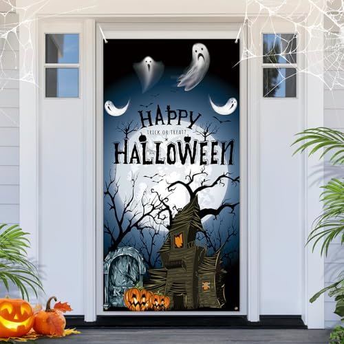 PartyYaa Halloween Tür Banner, Halloween Banner Fotoautomaten Dekoration, Geister und Spukhaus Veranda Schild, Party Verzierung für Drinnen und Draußen (Schwarz)