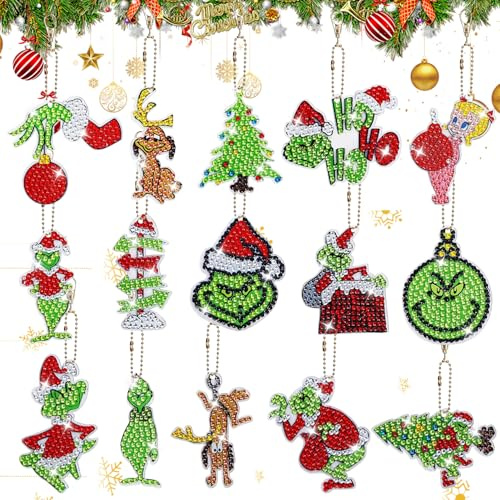 YISKY Diamond Painting Weihnachten Anhänger, 15 Stück Diamond Painting Schlüsselanhänger Set, Grinc Diamant Painting Weihnachtsbaumanhänger, 5D-Diamond P-ainting Weihnachten, DIY Basteln
