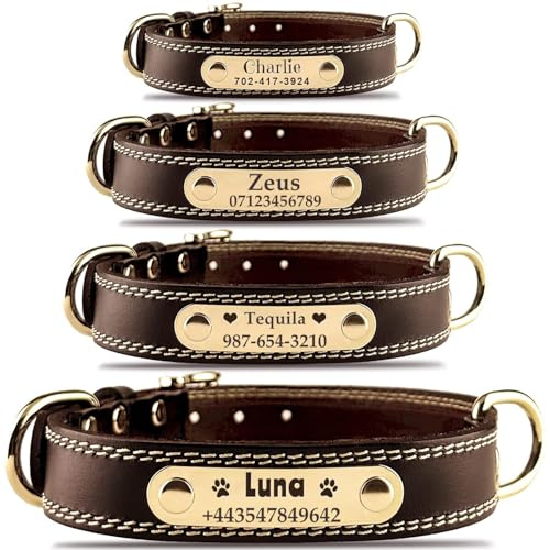 Collar de cuero personalizado para perro con placa de identificación grabable, collar de identificación duradero, cómodos collares de identificación para perros pequeños, medianos y grandes