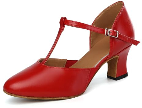 RUYBOZRY Scarpe da Ballo Latino Donna Punta Chiusa T-Strap Salsa Scarpe Ballo da Sala Standard Carattere,YCD29-6-Suede Sole,Rosso,EU 37