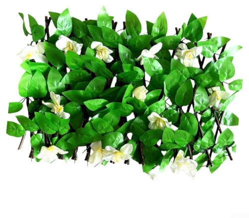 Panneau de clôture en lierre artificiel, bordure de jardin extensible pour intimité extérieure, hauteur 40 cm, largeur 20-200 cm, feuilles vertes avec fleurs blanches, tissu de soie résistant aux