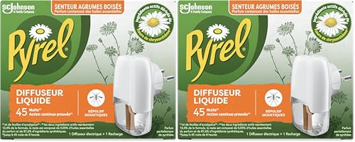 Pyrel Diffuseur Électrique Liquide - Répulsif Moustiques 45 Nuits - Senteur Agrumes Boisés - 1 Diffuseur + 1 Recharge (Lot de 2)