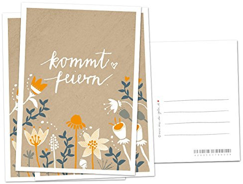 50 Einladungskarten - Kommt feiern! - Beige Orange mit Blumen, geschmackvolle Einladung zu Hochzeit, Geburtstag und Jubiläum auf hochwertigem Recyclingpapier