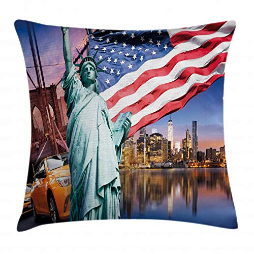 ABAKUHAUS Vereinigte Staaten Kissenbezug, USA Touristic Konzept, Waschbar mit Reißverschluss Kissenhülle mit Farbfesten Klaren Farben Beidseitiger Druck, 40 x 40 cm, Blau Weiß Rot