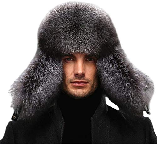 KAISHIN Winter Herren VollFuchspelz & Echtes Schafsleder Bomber H¨¹te Ohrenklappen Uschanka H¨¹te Blauer Fuchs Farbe XXL