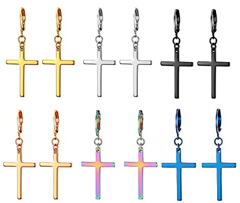 Flongo Herren Ohrstecker Creolen Damen Ohrringe aus Edelstahl Silber Schwarz Rose Gold Blau Bunt Stecker mit Kette Kreuz Anhänger Jahrgang Männer, Frauen 6 Paar Set