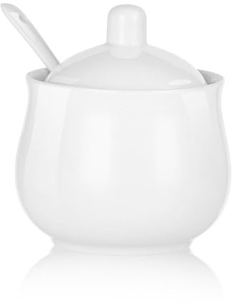 CHILDIKE Ceramic Sugar Bowl, White Porcelain Sugar Pot with Lid and Spoon, China Conditment for Kitchen Seasoning 230 ml