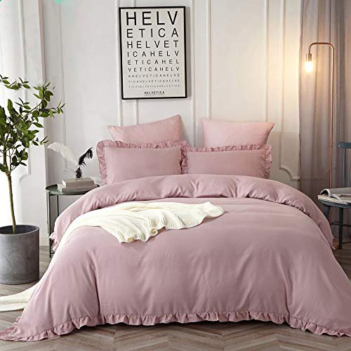 CoutureBridal Feuille de Lotus Housse de Couette 220x240cm + 2 taie d'oreiller 65x65cm Ado Fille Adulte Rose Volants Romantique Parure de Lit 2 Personne Avez Fermeture Éclair