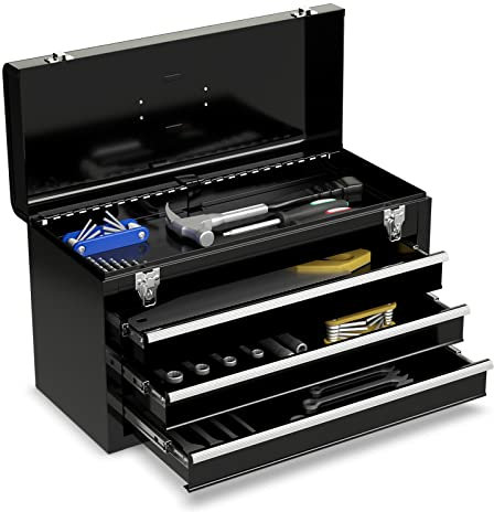 RELAX4LIFE Werkzeugkoffer, Werkzeugkasten, Werkzeugbox, tragbare Werkzeugaufbewahrung, Werkzeugkiste aus Metall, Werkzeugschrank mit 3 Schubladen und 1 Ablagefach, 52 x 21,5 x 30 cm (Schwarz)