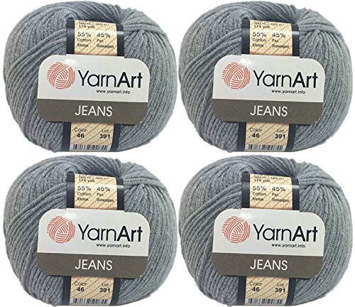 4 Knäuel YarnArt Jeans 55% Baumwolle 45% Acryl Garn Mischung Faden Häkeln Handstricken Kunst Lot von 4skn 200 g 696 Yds (46-Grau)