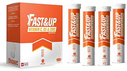 Fast&Up Vitamin C, Vitamin D & Zinc - 80 Effervescent Tablets (4 X 20) - Saver Multipack - Complete Immunity Booster - One Daily - Orange Flavour