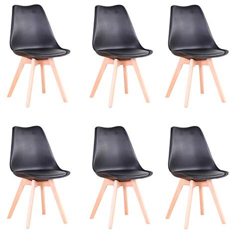 GrandCA HOME 6er-Set Esszimmerstühle, Bürostühle mit Beinen aus massiver Buche, Retro-Design, gepolsterte Stühle, Küchenstühle aus Holz, Schwarz