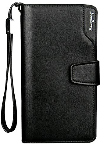 A-QMZL Portafoglio lungo da uomo Borsa da uomo Portafoglio uomo in pelle con cerniera Portamonete da uomo Portafoglio borsa multitasche di grande capacità con cinturino da polso Portafoglio (Nero1)