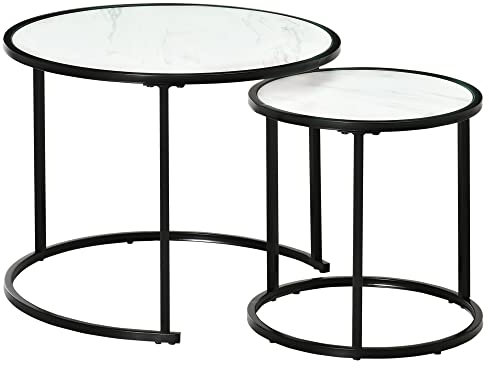 HOMCOM Juego de 2 Mesas Auxiliares Redondas Apilables Mesas Nidos Modernas con Encimera en Efecto de Mármol y Marco de Acero Ø60x46 cm y Ø40x40 cm Blanco