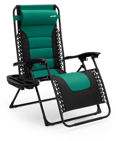 SereneLife Gartenliege, Liegestuhl, Sonnenliege klappbar mit Stufenlos verstellbare Positionen, Kopfstütze & Getränk & Handyhalter, Liegestuhl Garten, Relaxliege aus rostfrei Stahlramen, Grün