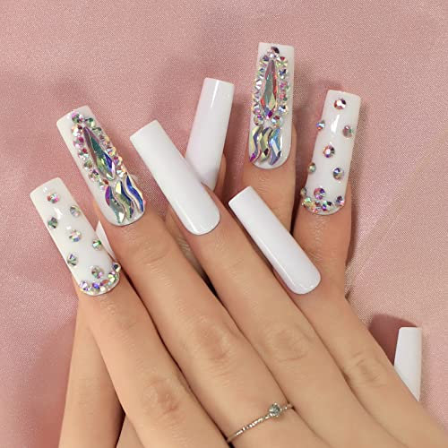 White Rhinestone Gorgeous Fake Nails Long Square Tiny Diamond Swirl High Shine Wedding Date Press On Nails 24 pcs/kit