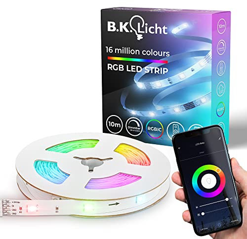 B.K.Licht I Wifi RGBIC LED Strip 10 m I App Steuerung I Musiksensor I Lichtleiste I Lauflicht I RGBIC Streifen I kompatibel mit Alexa I Smartes Band I selbstklebend
