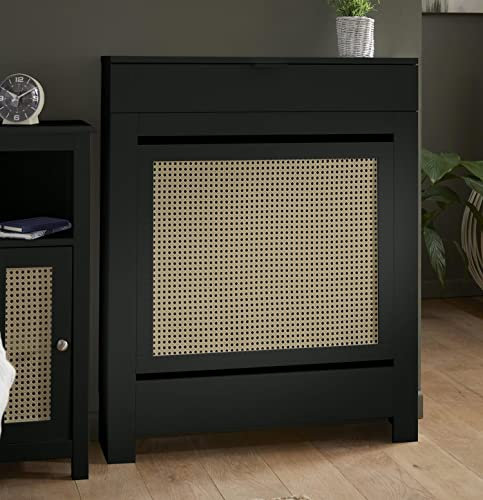 DuraTherm® Radiator Cover Black Painted and Rattan MDF Cabinet Horizontal Slat Storage Drawers & Shelf, Radiator Cabinets for Office Hallway Living Room Bedroom, Small (H: 150cm / W: 96cm / D: 19cm)