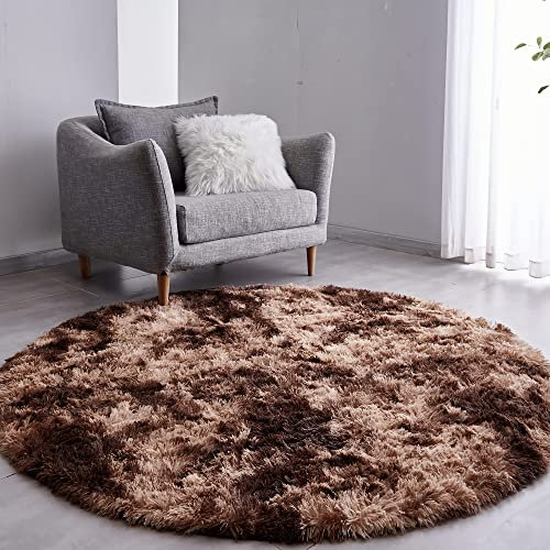 VOFUSHON Teppich Rund 120 cm Braun Waschbar Rutschfester Hochflor Runder Teppich Schlafzimmer Weich Flauschig Rug