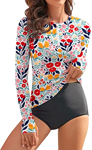 WOWENY Rash Guard Damen Langarm Surf Shirt Bademode Schwimmen Shirts Schwimmen Tankini,Farbige Blumen,XL