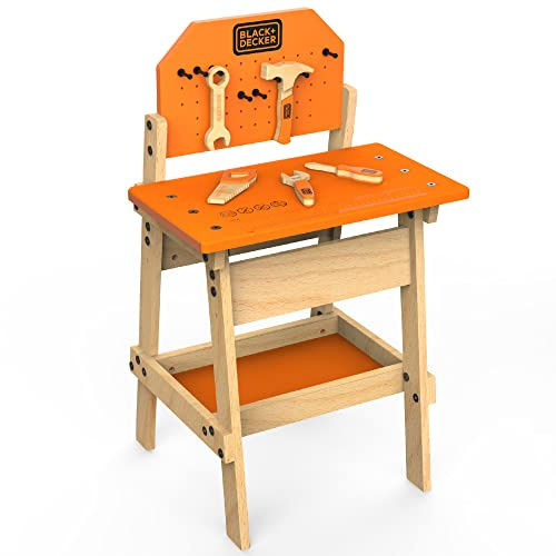 Black & Decker Kids Workbench and six Piece Wooden Tool Set for Girls and Boys, Pretend Play Construction Tools