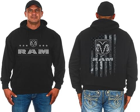 JH DESIGN GROUP Dodge Ram Herren-Kapuzenpullover mit amerikanischer Flagge, zweiseitiges Sweatshirt, Schwarz, Large