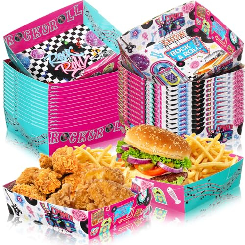 Layhit 36 Pcs 1950s Party Supplies 5 lb Food Boats | Large Paper Serving Trays Burger Fries Hot Dog Taco BBQ Popcorn for Rocking Music Sock Hop Birthday 1950s Theme Party