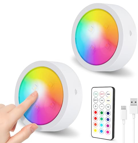 SOAIY 2er-Set LED RGB Spot mit Fernbedienung USB C wiederaufladbare Unterbauleuchte dimmbar Vitrinenbeleuchtung 13 Lichtfarben magnetigsch Küche Schrank Vitrine Touch Lampe Schrankleuchte mit Timer
