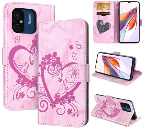 CASAFUNY Handyhülle für Xiaomi Redmi 12C Hülle Tasche PU Leder Flip Case Brieftasche Kartenfach Klapphülle Handytasche Case Schutzhülle für Xiaomi Redmi 12C, Rosa