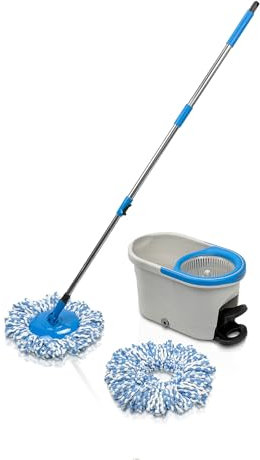 Addis Dual Action Microfibre Spin Mop and Bucket Set with spare mop head, Fast turbo twin action Spin Mop for cleaning floors, Set Mop, Bucket and additional spare mop head, Grey Blue