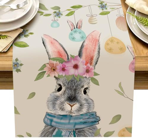 Hase Osterei Ostern Tischläufer, Waschbar Girlandenhase Saisonnal Tischläufer, Frühling Küche Esstisch Dekoration, Ostern Tischdeko für Drinnen und Draußen Urlaub Party Wohnzimmer Dekor, 33 x 230 cm