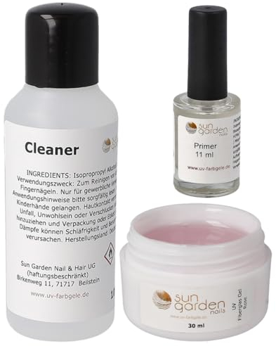 Sun Garden Nails Nailset mit Fiberglas Gel rose/klar 30ml-Primer-Cleaner 100ml UV Gel Nagelstudio Set