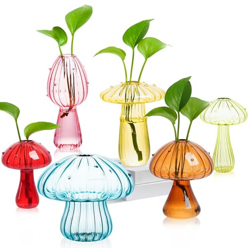 Estación de propagación de plantas, juego de 6 jarrones de hongos de colores, estaciones de propagación, terrario de plantas pequeñas, tarros de hongos de cristal únicos para plantas para plantas