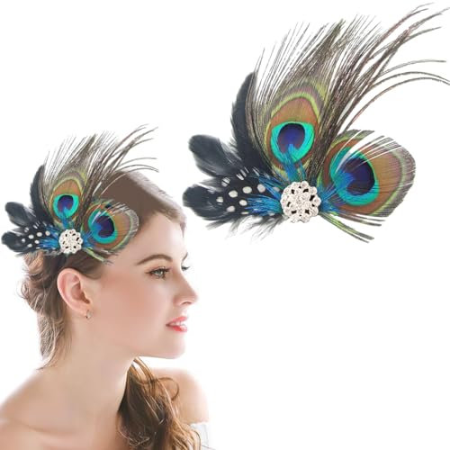 GGUFAY Pfauenfedern Haarschmuck mit Brosche, Pfau Kostüm, Gefieder Kopfschmuck, Feder Haarreif, 1920 Accessoires Damen, 20er Jahre Haarspange, Karneval, Fasching, Halloween