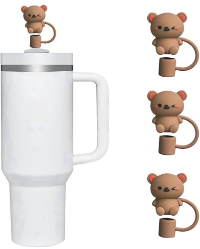 3Pcs Teddy Bear Straw Cover for Stanley 40&30 Oz Cup, 10mm Silicone Straw Covers Cap for Stanley Cup Accessories, Cute Straw Topper, Straw Cap Stopper for Reusable Straws Tip Lids (JLY-183)