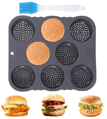 Silicone Hamburger Bun Mold, Hamburger Bun Pan 8 Cavity,Non-Stick Egg Muffin Baking Pan with Oil Brush,Flexible Burger Bread Tray,Reusable Bread Tray for Hamburger Chocolate Cake Pie Custard Tart