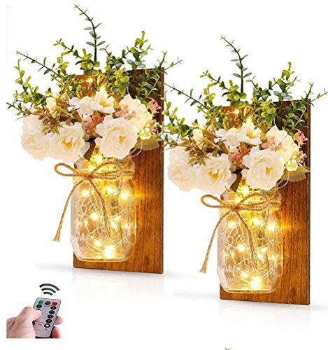 Mason Jar Wall Decor 2 Pack Glass Wall Lights Decoration Rustic Wall Lamp with Remote Control LED String Lights and White Rose Living Room Decoration (Remote Control)
