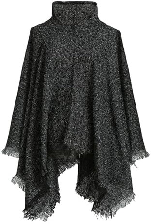 crazy bean Poncho Damen mit Kapuze mit Fransen Cape Damen Winter Warm Winddichte V-Ausschnitt Poncho Schal Pullover Mantel Elegant Schwarz