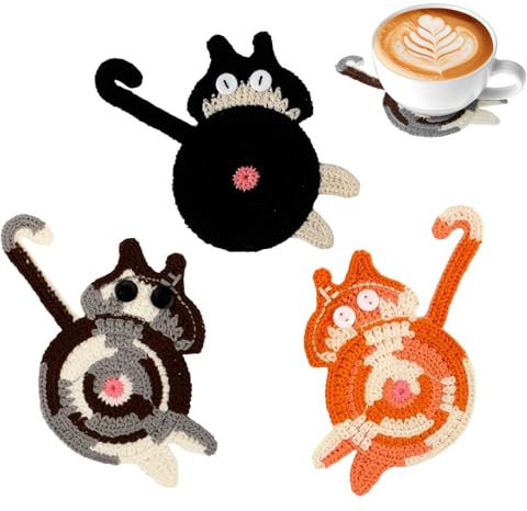 BelleVive 3 Stück Katzen-Untersetzer, Katzengeschenke für Katzenliebhaber, gewebt, kreativer Katzen-Untersetzer, isolierender Untersetzer, Kaffee- und Tee-Untersetzer, Desktop-Geschenke