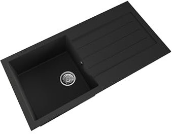 Balterley Composite Kitchen Sink with Drainer & Overflow Hole, 100cm Bowl Inset Black Kitchen Sink, Single Bowl Reversible Composite Sinks with Grooved Drainer - 1000 x 500 x 200mm (Dark Grey)