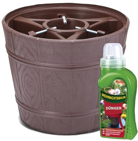 Weihnachtsbaumständer Ø 34 cm | Christbaumständer für Bäume bis Ø 9,5 cm - 2,8 m | Tannenbaumständer mit Baumdünger für stabile und langlebige Weihnachtsdeko, verlängert die Frische des Baumes | Braun