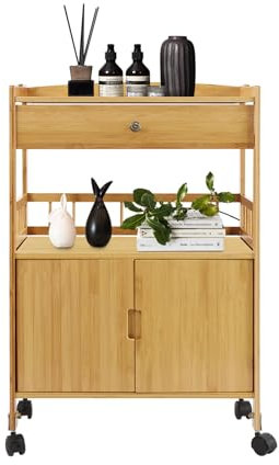 OBLLER Küchenwagen auf Rollen, Servierwagen mit Schrank und Ablage, Küchenschrank Servierwagen Rollwagen, aus Hochwertigem Bambus, Rollwagen 52x30x80cm, Küchentrolley (Log Farbe)