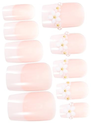 IWOWHERO Cute Pearl Flower Nail Patches Set of Fake Nails for Women Girls Press on Nails Manicure Art Kit
