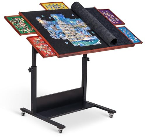 Becko US 1500 Pieces Jigsaw Puzzle Table/Board, Tilting Table/Board with Drawers & Height Adjustment, 5 Colored Sorting Trays with Proof-dust Felt Cover, Enclosed with 4 Wheels (Black)