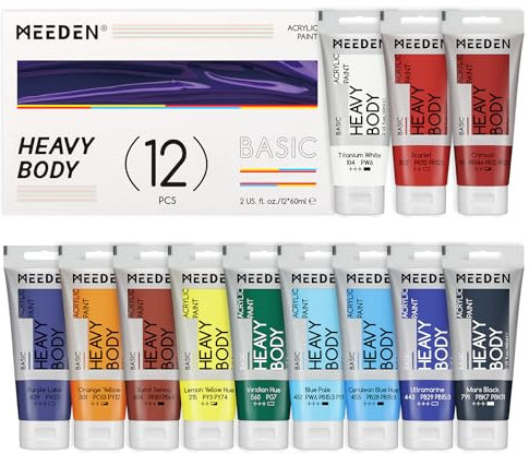 MEEDEN Heavy Body Acrylfarben Set: Matt Acrylic Paint mit 12 x 60 ml für Leinwand Holz Bemalen - Grundfarbe Acryl Set mit intensiver Pigmentierung für Anfänger Künstler Erwachsene