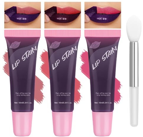 Belligern 3 PCS Lip Stain Peel Off Peel Off Lip Stain,Long-Lasting Matte Lip Tint Peel Off,Waterproof Peel Off Lip Liner,with Lip Brush,Suitable for Ladies and Girls