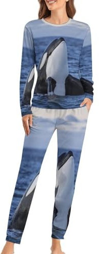 JZemdybill Damen Rundhals Pyjama Set Killer Whales Orca Pyjama für Frauen Damen Pyjama mit Taschen, Killerwale Orca, XS